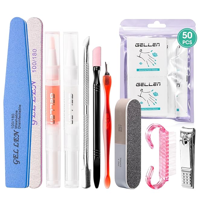 Gellen Nail Cleanser Pads 50PCS with 10PCS Manicure Tools Kit: Ceramic Cuticle Pusher Pen, Remover and Cuticle Oil Nail Prep Care Kit, Nail File 100/180, Polishing Buffer, Nail Clipper & Brush
