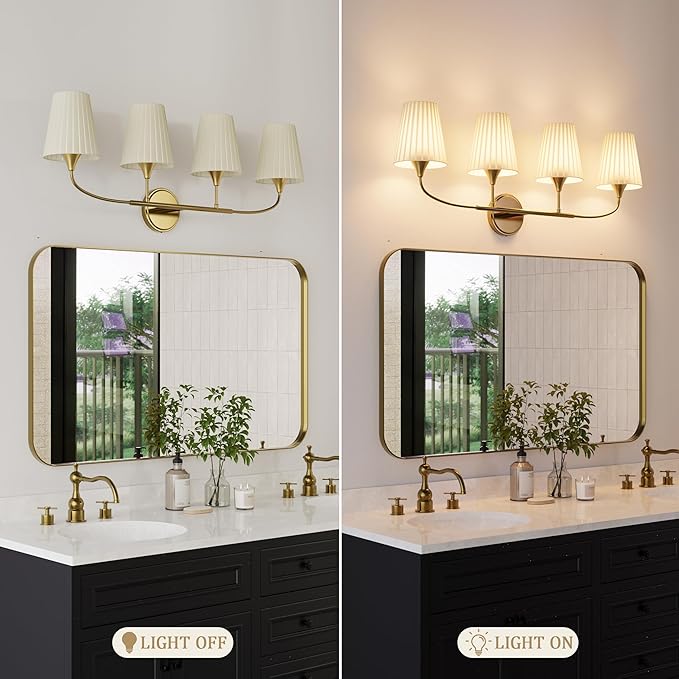 4-Light Bathroom Light Fixtures, Gold Bathroom Vanity Light Over Mirror, Modern Light Fixtures with Flared Fabric Shade for E26 Bulbs, Wall Sconce Light for Bedroom, Hallway with ETL