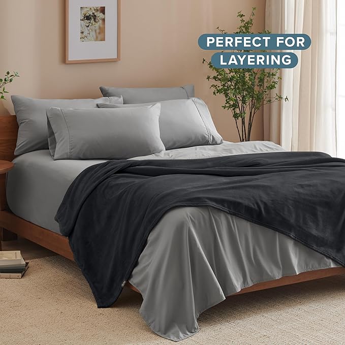Bare Home Fleece Blanket - Full/Queen - Ultra-Soft Lightweight for Bed, Sofa, and Couch - Luxury Microplush - Cozy Warm Blanket (Full/Queen, Black)