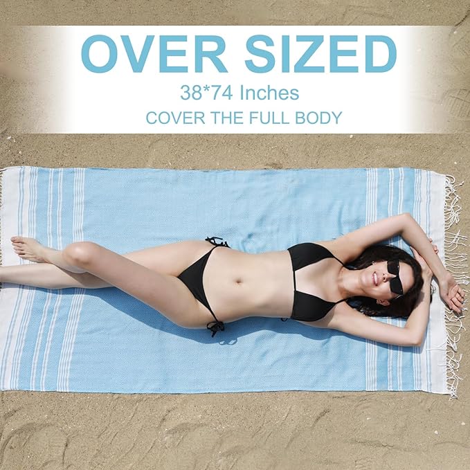 Genovega 6 Oversized Turkish Beach Bath Towel Set Bulk 74"x38" Extra Large Sand Free Quick Dry Swimming Camping Pool Clearance Towels Blanket Essentials Adult Multi LightBlue Rhombus
