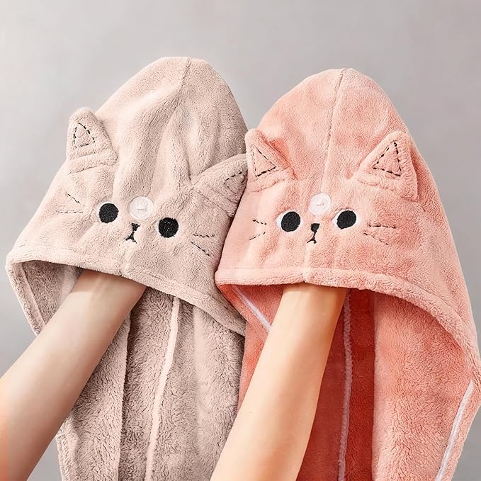 2Pack Microfiber Hair Towel Wrap for Kids, Cute Cat Absorbent Hair Drying Turbans Head Towels for Women Girls (Pink and Khaki Cat)