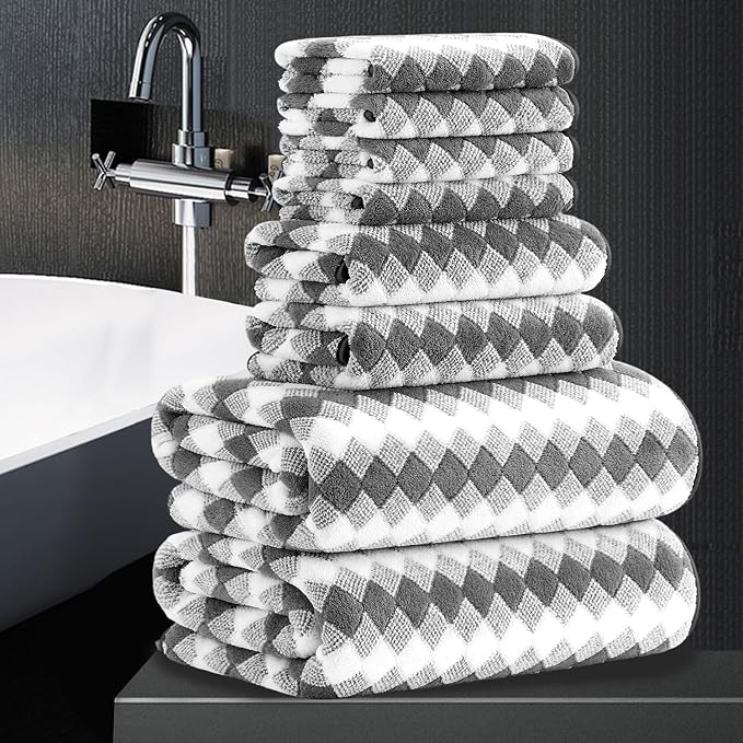 8 Piece Bathroom Towel Set Dark Grey|2 Oversized Large Bath Towels Sheet,2 Hand Towels,4 Washcloths| 600GSM Soft Premium Towel Set for Bathroom Hotel,Highly Absorbent Quick Dry Bath Towel Collections