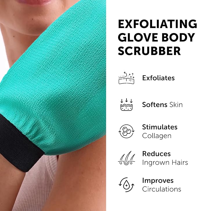 Valitic Exfoliating Glove Body Scrubber - Exfoliating Mitt Dead Skin Remover, Shower Face and Body Exfoliator - Korean Style Skin Scrubber Washcloth - Spray and Self Tan Remover, Pair Turquoise