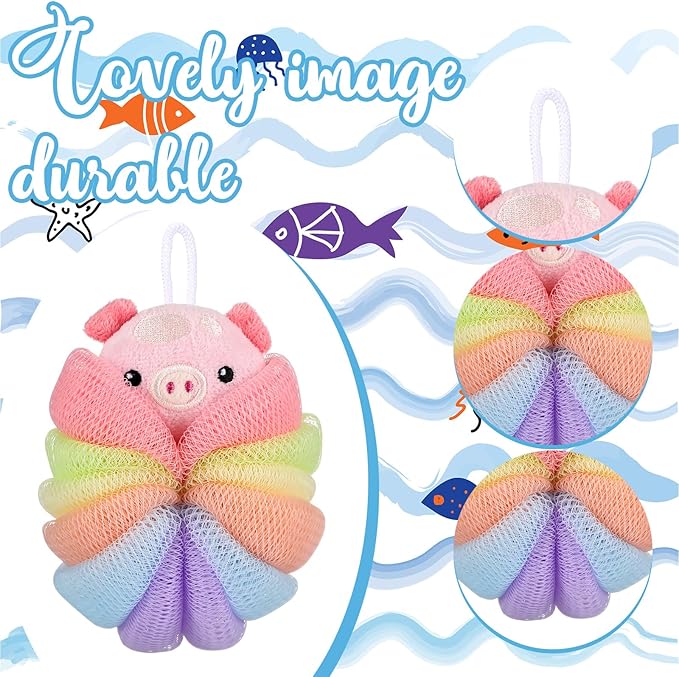 Tatuo 4 Pcs Animal Bath Loofahs Kids Body Loofah Cartoon Shower Cute Bath Sponge Pouf Body Scrubbers Mesh Sponge for Toddler Children Boys Girls Shower Baby Washing Exfoliating (Cute Girls)