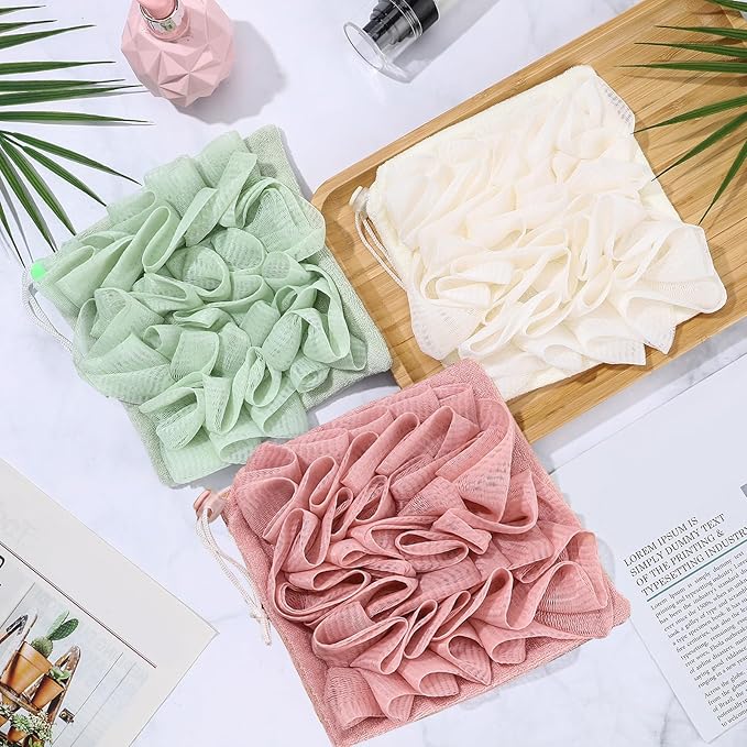 3 Pcs Washcloth Loofah Combo, 2 in 1 Bath Loofah Sponge with Drawstring, Exfoliation Mesh Shower Puff Ball for Body Wash Cleansing and Smooth Skin (Pink Beige Green)