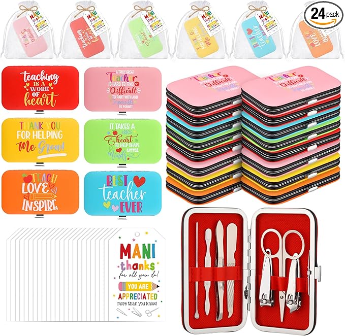 24 Sets Teacher Appreciation Manicure Gifts for Women 24 Nail Clippers Pedicure Kit Stainless Steel Grooming Inspirational Kits 24 Bags 24 Cards Thank You Gifts for End of Year Teachers Gift