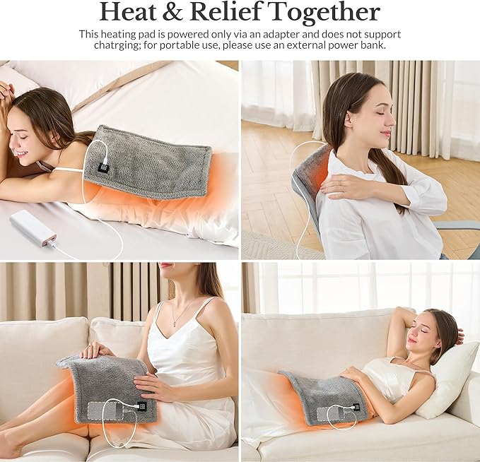 USB Heating Pad, 5V 3A Fast Heating with 3 Heat Settings & Auto Off, Travel Heating Pad for Neck, Shoulder, Back,Knee & Period Cramps. 12"x16" Fleece Heated Pad with USB-A to USB-C Cable, Grey