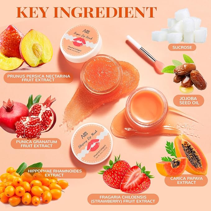 ANAI RUI Lip Scrub & Mask Set, Lip Scrubber Exfoliator, Lip Sugar Scrub, Lip Sleeping Mask, Moisturizering for Dry, Chapped, Dark Lips, Overnight Lip Mask, Peach, Mothers Day Gifts