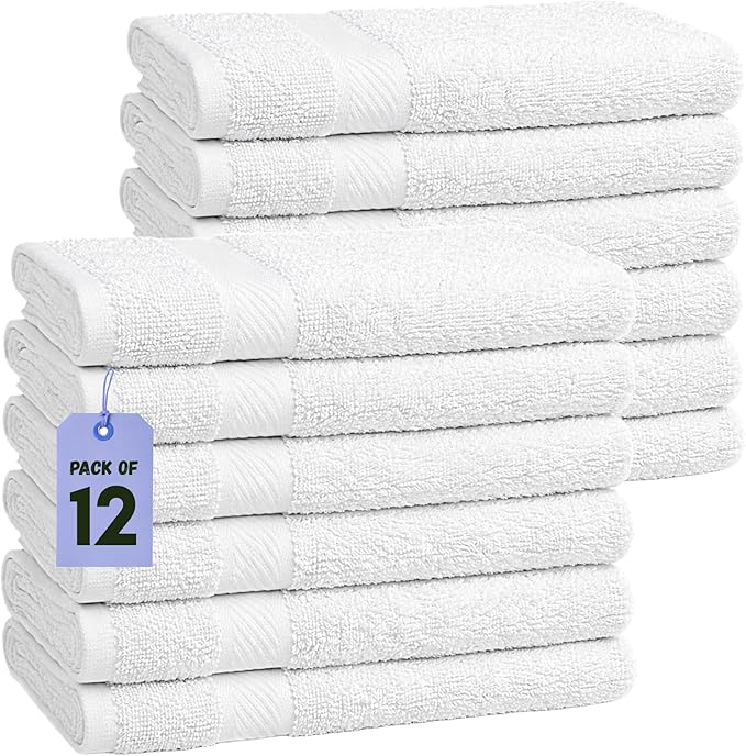 Pearl Linens 12 Pack 22x44 Economy Cotton Hotel Quality White Bath Towels Quick-Dry, Lightweight, Soft & Absorbent Bathroom Towels for Spa, Gym, Hotel & Shower Bulk White Towel Set