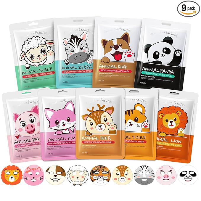 9 Packs Animal Character Facial Masks, Deep Hyrating Spa Masks for All Skin Types, Gift for Kids' Birthady Party, Enjoy Skincare Life, Girl's Night