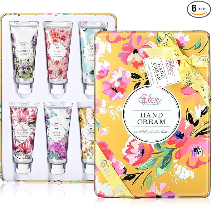 BODY & EARTH Hand Cream Gifts Set with Shea Butter, Mothers Day Gifts for Mom, Moisturizing Hand Lotion Travel Size for Dry Cracked Hands, Teacher Appreciation Gifts, Nurses Week Gifts, 6 x 1 OZ