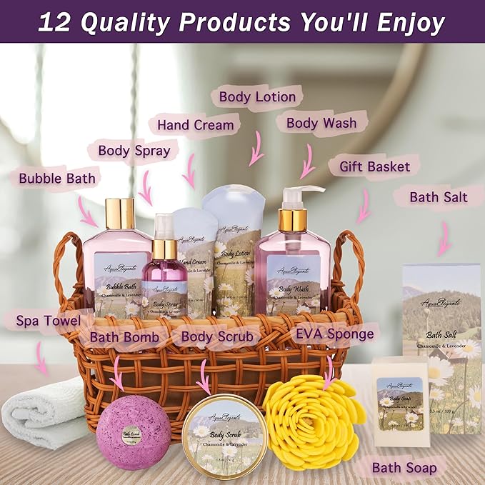 Aqua Elegante Spa Basket For Women - Deluxe Bath Set with Wash, Bubble Bath, Lotion, Salts, Body Scrub, Towel, Shower Puff, Bathbombs, Reusable Basket, Gifts for Mom, Wife, Her - Lavender & Chamomile