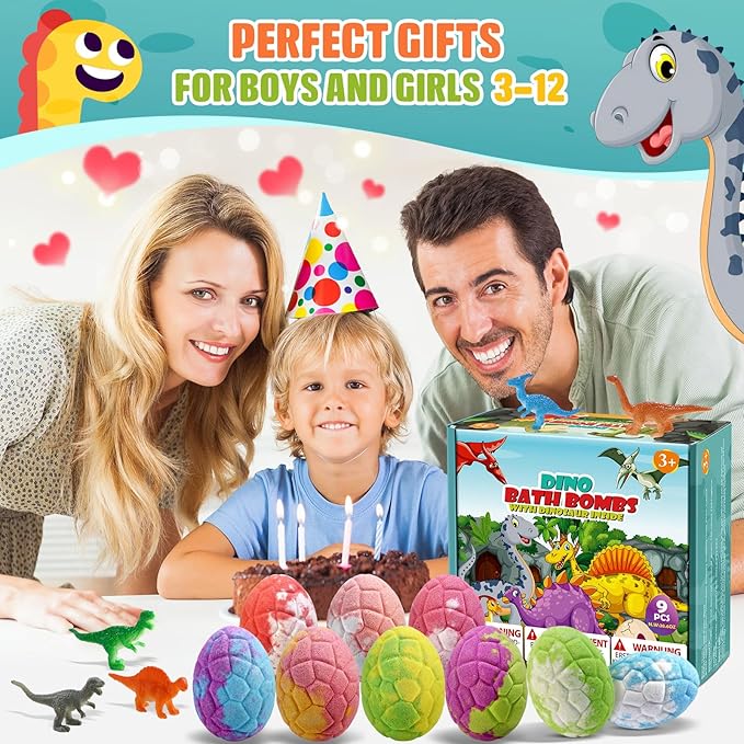 Qivatex Bath Bombs for Kids with Dinosaur Toys Inside, 9 Pack Natural Organic Dinosaur Bath Bombs Bubble Bath Gift Set, Birthday Mothers Day Gifts for Kids