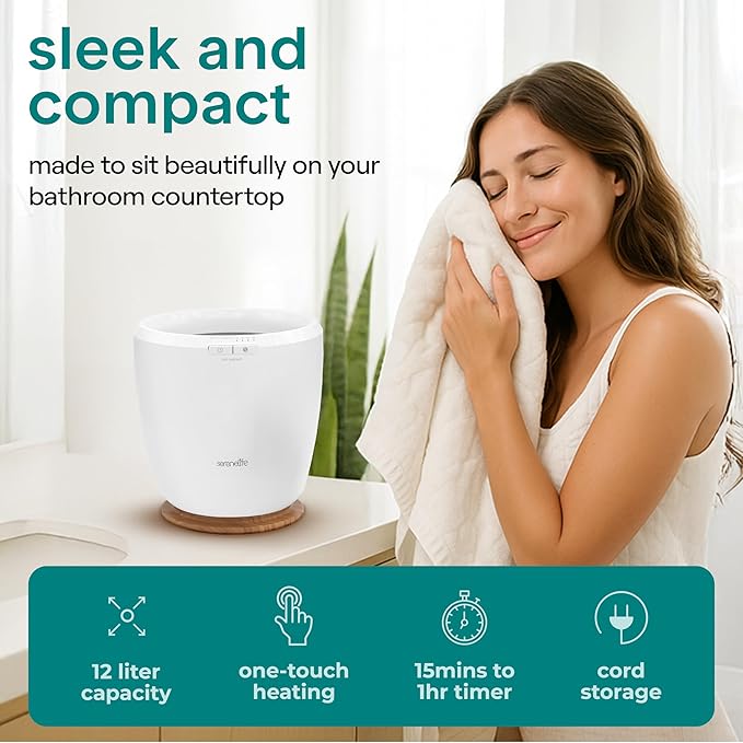 SereneLife Counter Towel Warmer Bucket - with Customized Fragrance for Spa and Bathroom, Luxury Towel Heater, Auto Shut Off, Fits 1 Large Towel, Blanket, Bathrobe, PJs (Natural)