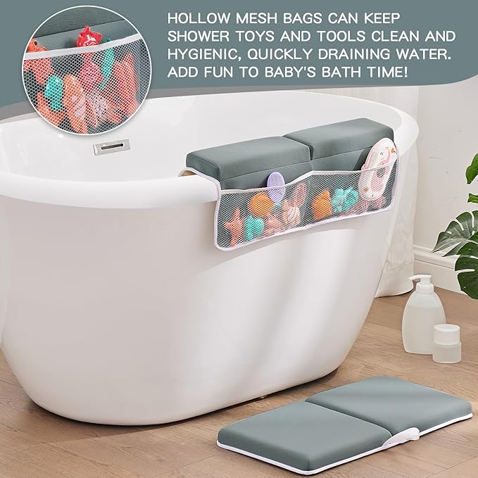 Baby Bath Kneeler and Elbow Rest Pad Set,Bath Kneeling Pad Thick Soft Quick Dry Bathtub Mat for Bathing Time,Baby Essentials Memory Foam with Toys Organizer Gifts for Parents,Dark Grey