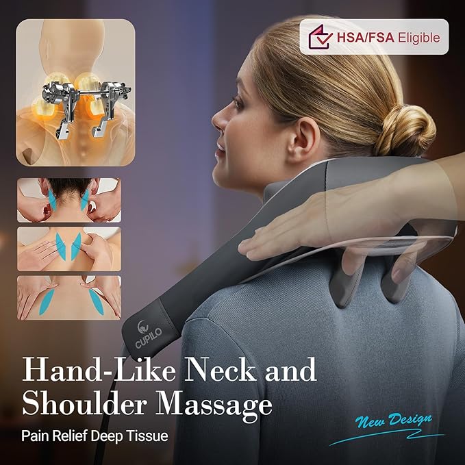 CuPiLo Shiatsu Neck and Shoulder Massager with Heat [Remote Control], FSA Eligible HSA, 6D Kneading Neck Massager for Pain Relief Deep Tissue, Gifts for Men Women