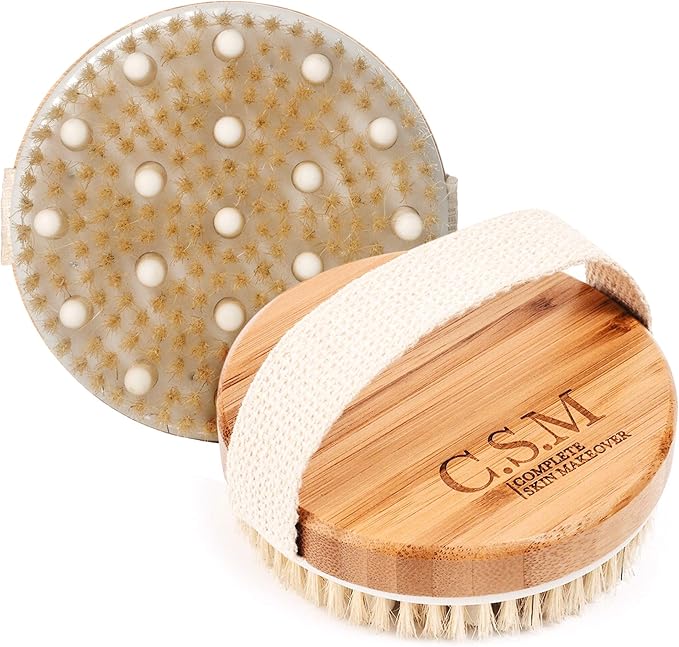 CSM Dry Brushing Body Brush for Lymphatic Drainage - Natural Boar Bristle Exfoliating Brush Set with Face Brush for Cellulite, Circulation & Glowing Skin