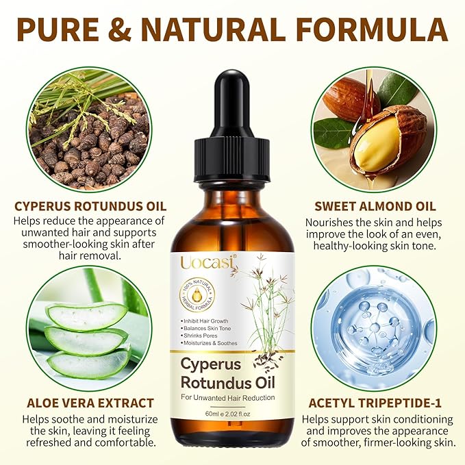 Uocasi Cyperus Rotundus Oil, Cypress Rotundus Oil for Hair Removal, Natural Inhibitor to Reduce Unwanted Hair Growth, Soothes Skin & Minimizes Pores, All Skin Types, 2.02 Oz