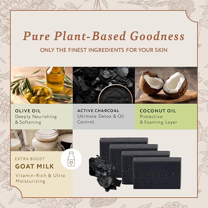 Mary Case Goat Milk & Activated Charcoal Bar Soap Set of 4 | Natural Soap with Olive & Coconut Oils | Deep Cleansing, Detoxifying & Purifying Bath Soap Bars for Sensitive & Oily Skin