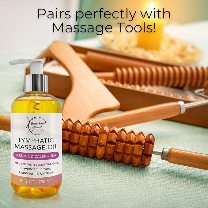 Lymphatic Massage Oil for Massage Therapy & Natural Lymphatic Drainage | Premium Quality with Arnica & Lavender Oil | for Post Surgery Recovery & Detox | 8oz by Brookethorne Naturals