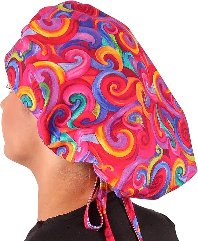Sparkling EARTH Banded Bouffant Surgical Scrub Ponytail Working Caps and Built-in Sweatband - 100% Cotton - Made in The USA