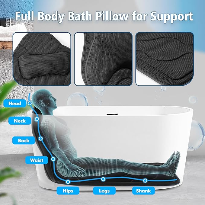 Poemland Full Body Bath Pillow for Tub-Extra Thick Bathtub Pillow with Head & Neck Support, Luxury Tub Pillow for Comfort, Non-Slip Bath Cushion for Women, Men & Seniors, Bathroom Accessories