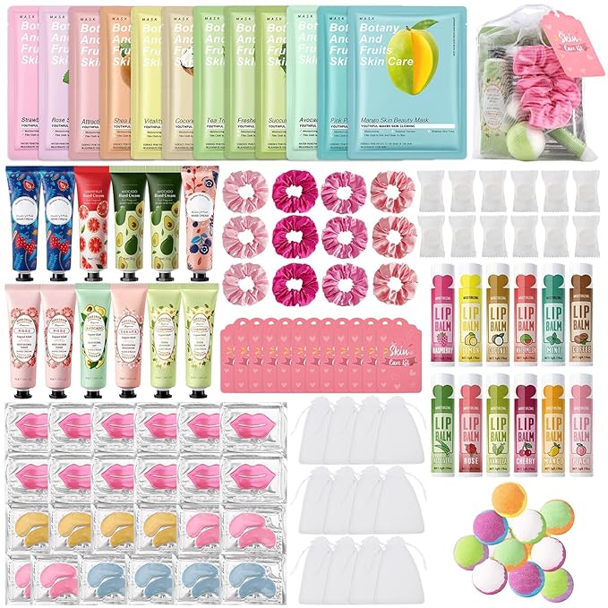 120PCS Spa Party Supplies for Girls, Include Facial Masks, Lip Mask, Under Eye Patches, Lip Balm, Foot Bath Bombs, Hand Cream, Compressed Towel, Hair Band, Sleepover Party Supplies for Girls