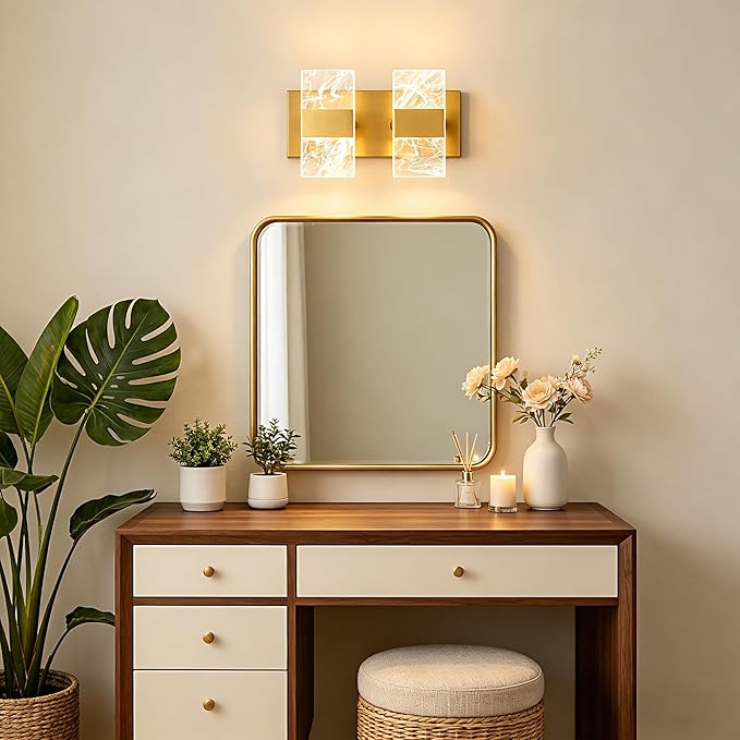 Modern LED Bathroom Light Fixtures Dimmable 2-Light Gold Vanity Light, 5CCT Adjustable Lighting Fixture Vanity Lights Over Mirror, Smoked Acrylic LED Vanity Lights for Bathroom