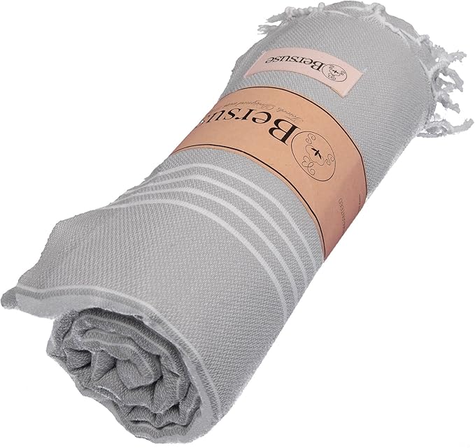 Bersuse Towels Anatolia XL Beach Blanket Throw Blanket Turkish Towel 100% Cotton Extra-Large Quick-Dry Lightweight Premium Peshtemal Towel - 61x82 Inches, Silver Grey