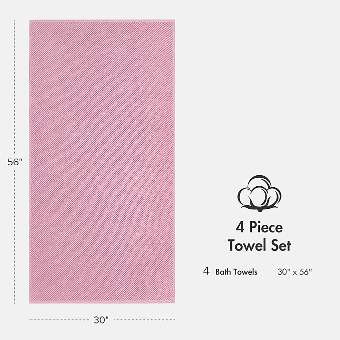 Madison Park 4-Piece Bath Towel Set for Bathroom 30" x 56" Large Diagonal Ribbed, Pink - 100% Cotton Soft Quick Dry & Absorbent Gift | Zero Twist, 500 GSM, Oeko-TEX, Hotel Quality