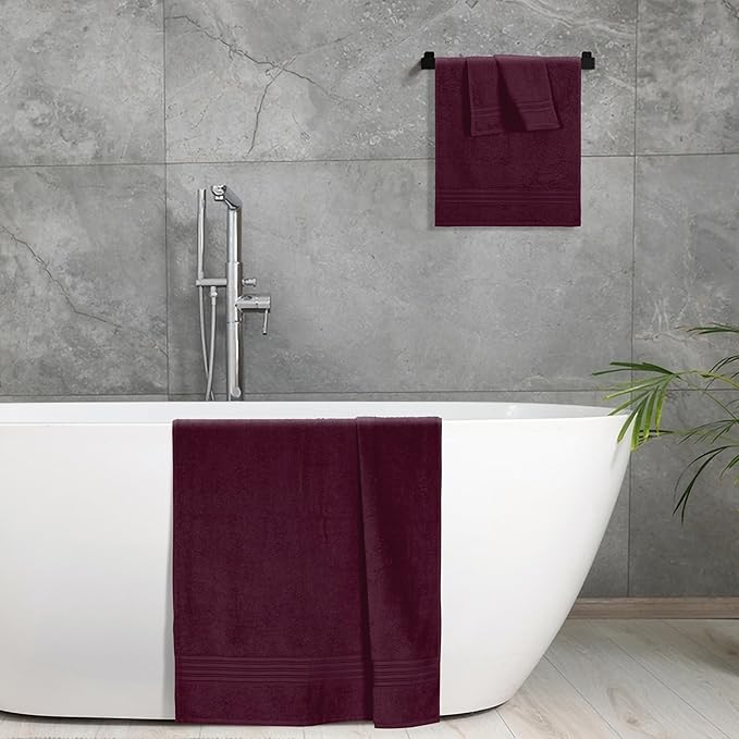 BOUTIQUO Ultra Soft 3 Pack Cotton Towel Set, Contains a Bath Towels 28x55 inch, a Hand Towels 16x24 inch & a Wash Coths 12x12 inch, Ideal Everyday use, Compact & Lightweight - Burgundy