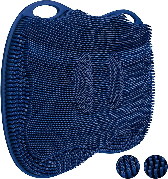 Shower Foot Scrubber Mat Large 2.0- Silicone Feet Toes Massage Exfoliate Cleaner Pad Long Brush Without Bending Non-Slip Suction Cups in Shower Floor Bathtub Foot Relax Spa 17.4 * 13" Navy Blue