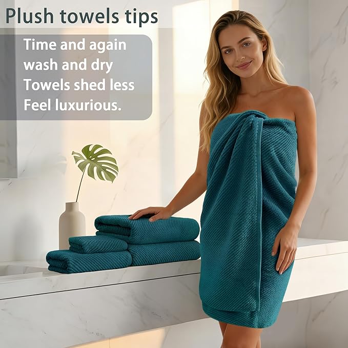Bathroom Towels, 6 Piece Towel Set - Cotton | Soft | Quick Dry | Thick | Lightweight, 2 Large Bath 30"x56", 2 Hand 18"x28", 2 Washcloths 13"x13", Guest Towel Set, Deep Turquoise Gift Towel, Dark Teal