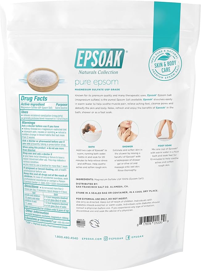 Epsoak Epsom Salt 2 lb. Magnesium Sulfate USP. Resealable Epsom Salt Bag Unscented, Made in The USA, Cruelty-Free Certified