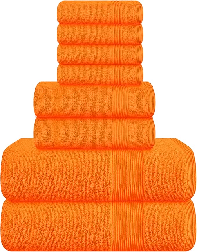 Belizzi Home 8 Piece Towel Set 100% Ring Spun Cotton, 2 Bath Towels 27x54, 2 Hand Towels 16x28 and 4 Washcloths 13x13 - Ultra Soft Highly Absorbent Machine Washable Hotel Spa Quality - Orange