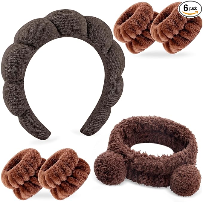 Zkptops 6Pcs Spa Headband for Washing Face Wristband Set Sponge Makeup Skincare Terry Cloth Headband Bubble Soft Bear Ears Hairband Women Puffy Padded Headwear Non Slip Hair Accessory(Dark Brown)