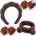 Zkptops 6Pcs Spa Headband for Washing Face Wristband Set Sponge Makeup Skincare Terry Cloth Headband Bubble Soft Bear Ears Hairband Women Puffy Padded Headwear Non Slip Hair Accessory(Dark Brown)