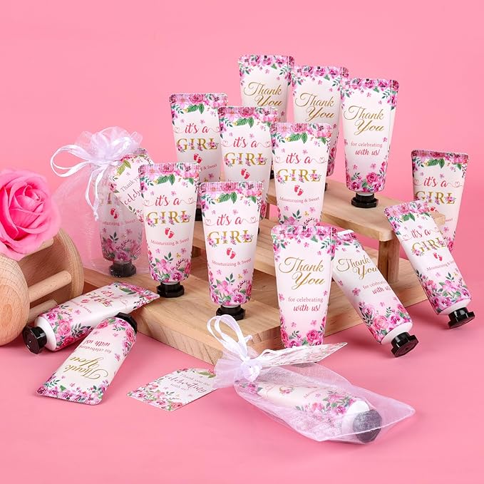 KONEUK 50 Pack Bulk Hand Cream Sets, Bridal Shower Favors, Appreciation Gifts and Baby Shower Favors for Guests with Thank You Card and Organza Gift Bags, Wedding Party Favors (Baby Girls)