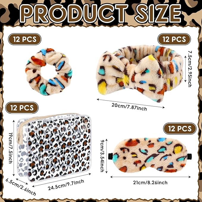 Kajaia 48 Pcs Spa Party Supplies for Girls Spa Party Favor Sleepover Slumber Supplies for Women Headband Eye Mask Hair Scrunchies Toiletry Bag(Leopard Print,Retro)