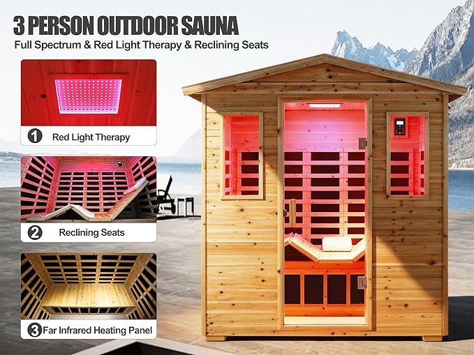 Full Spectrum Sauna, Outdoor Sauna 3 Person Infrared Sauna, Infrared Saunas for Home, 1950W 20A Low EMF Far Infrared Sauna Old Fir Wooden Sauna with Red Light Therapy, Reclining Seats