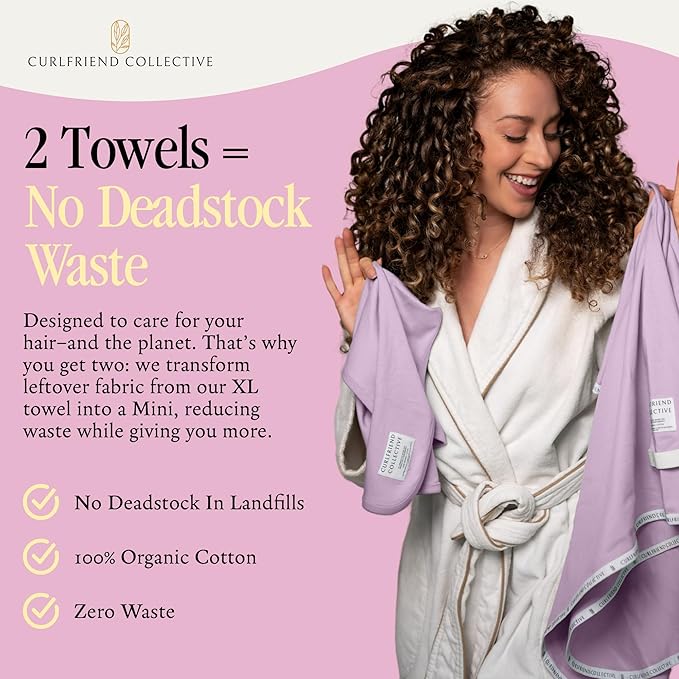 Curlfriend Collective Cotton Cloud T-Shirt Hair Towel Duo – Lilac Locks Hair Towel Wrap for Women, XL + Mini Hair Drying Towels for Curly Hair, No-Slip Plopping Towel, Ultra Absorbent Cotton