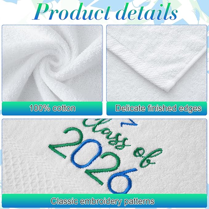 MASHAN Class of 2026 Graduation Hand Towels 3 Pack,100% Cotton Soft Absorbent Bathroom Towels,Senior 2026 Graduation Gift for Girls Boys,Blue Green Decorative Towels 14x30 Inch