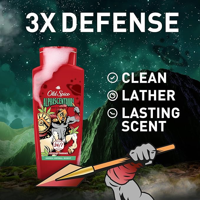 Old Spice Cleansing Body Wash for Men, 3X Defense, 24/7 Shower Fresh with Lasting Scent, 2-in-1 Body & Face Wash, Alphascentauri with Green Herbal Scent, 24 oz (Pack of 4)