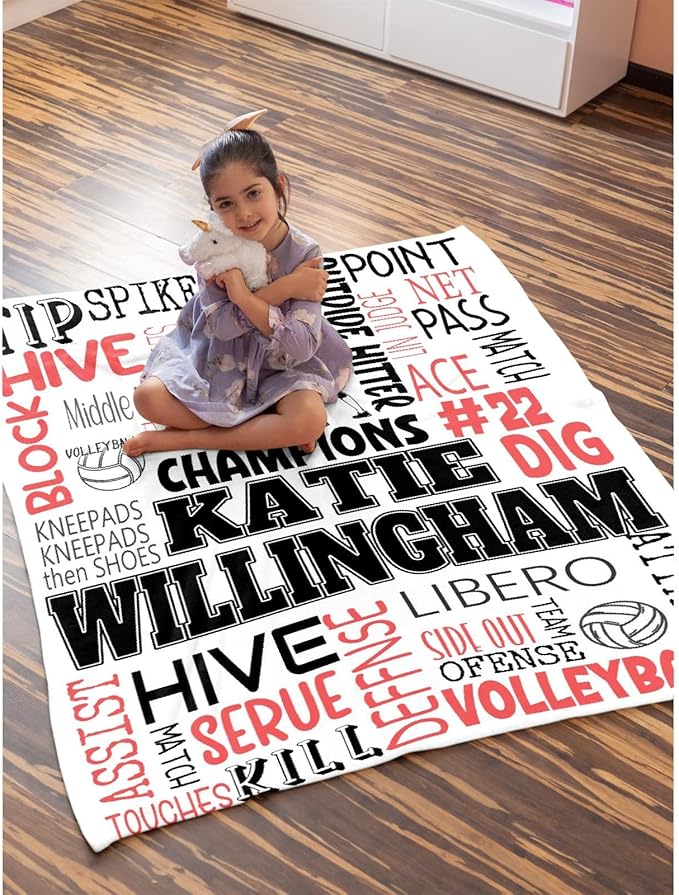 Custom Volleyball Blanket, Personalized Sport Throw with Name Text for Girl, Women, Volleyball Gift for Player, Athlete, Coach, Team, Soft Warm Flannel Customized Throw Blankets 120"x90"for Family