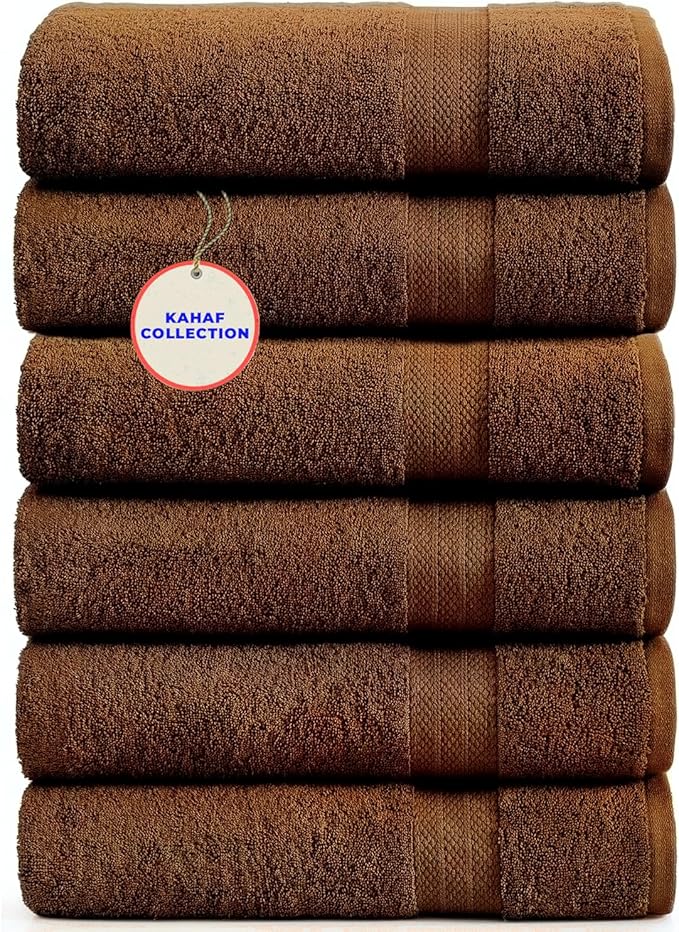 KAHAF COLLECTION 100% Cotton Bath Towels, 24x48 Pack of 6 Towels, Quick Dry, Highly Absorbent, Soft Feel Towel, Gym, Spa, Bathroom, Shower, Pool, Luxury Soft Towels (Brown, 24x48-6 Pack)