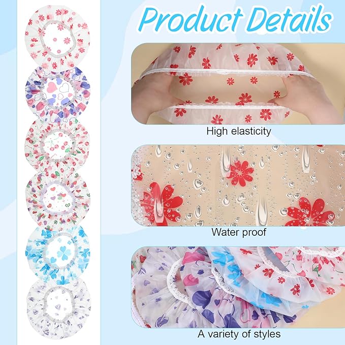 6 Pcs Shower Cap Reusable Elastic Hair Cap Waterproof Bath Hair Hat Shower Bath Caps Elastic Band Flower Printed Hairs Caps for Women Men Bathroom Travel Spa Salon