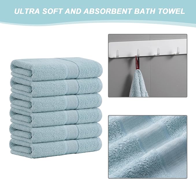 Aibaser Bath Towels, 27x54inch - Natural, Ultra Absorbent Towels for Bathroom, Travel, Gym, Shower and Spa (6 Piece Set) (Blue)