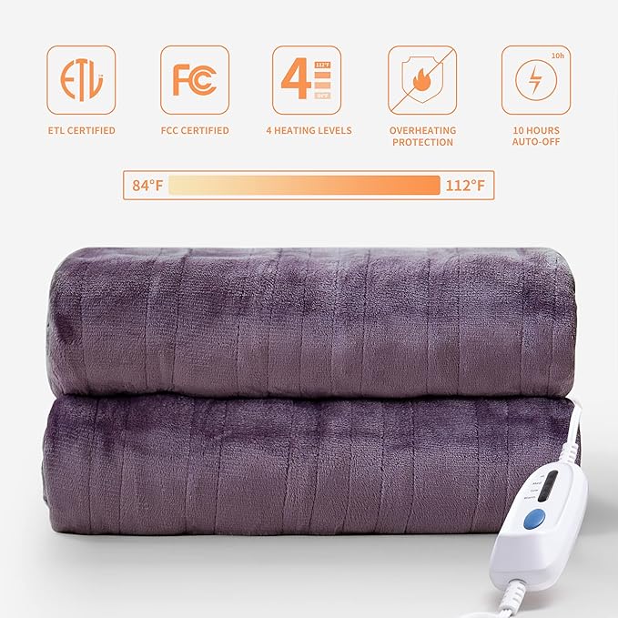 JET'S HOME Heated Blanket Full 72"x84" - ETL&FCC Certified Flannel Electric Blanket Machine Washable Heating Blanket with 4 Heating Levels 10 Hours Auto-Off Overheating Protection (Purple)