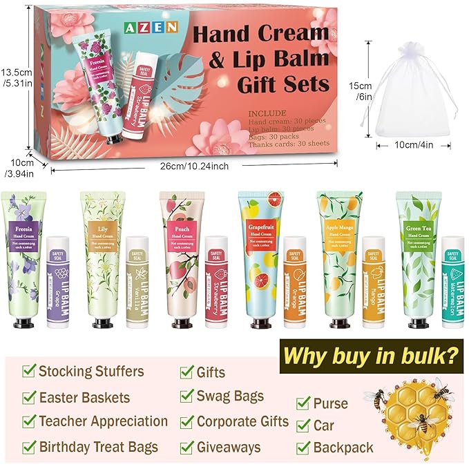 AZEN 30 Sets Bulk Gifts, Hand Cream and Lip Balm Bulk Set with Organza Bag Thank You Card, Baby Shower Wedding Gift for Guests, Bridal Wedding Favors for Guests, Mothers Day Gifts Stocking Stuffers