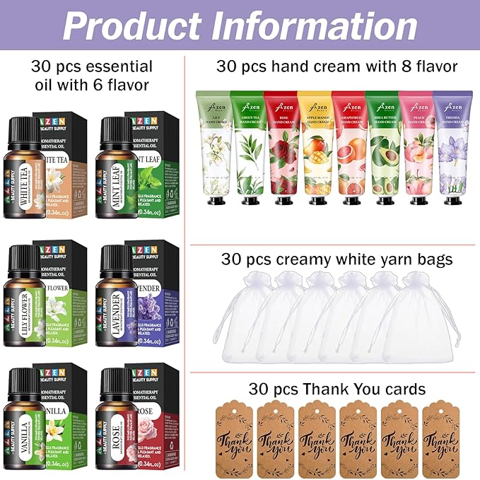 AZEN 30 Sets Bulk Gifts, Hand Cream and Essential Oils Bulk Set with Organza Bag Thank You Card, Baby Shower Wedding Gift for Guests, Bridal Wedding Favors, Mothers Day Gifts Stocking Stuffers